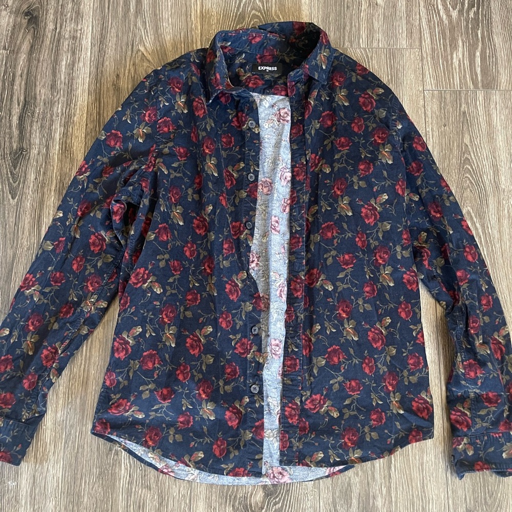 Express Men's Navy Floral Button Down Shirt